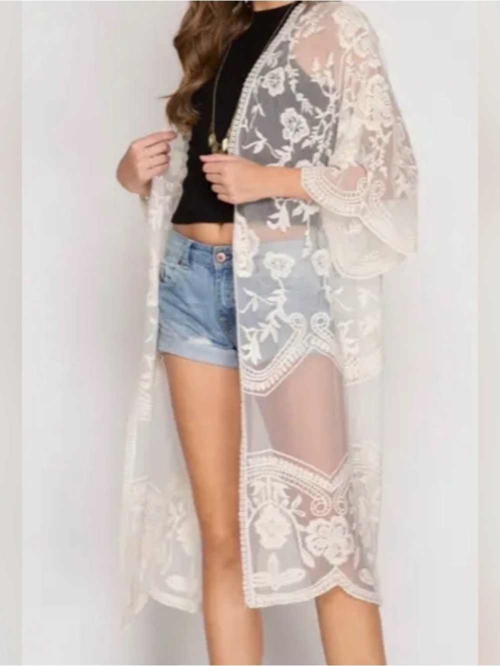 Adiva Ivory Floral Sheer Lace Open Front Kimono Long 1X Fairy Boho Whimsy Goth